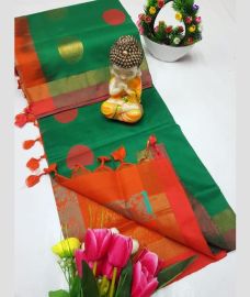 Green and Orange tripura silk sarees with All over Buttas design