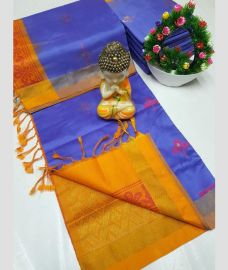 Purple Blue and Yellow tripura silk sarees with All over Buttas design