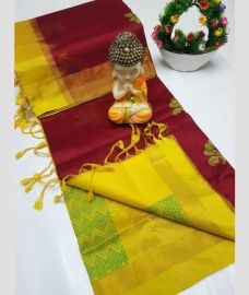 Maroon and Yellow tripura silk sarees with All over Buttas design
