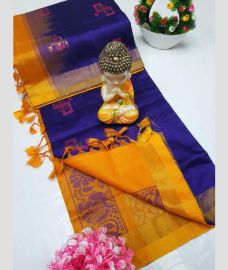 Navy Blue and Orange tripura silk sarees with All over Buttas design