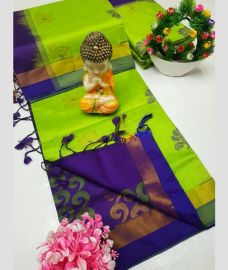 Parrot Green and Purple  tripura silk sarees with All over Buttas design