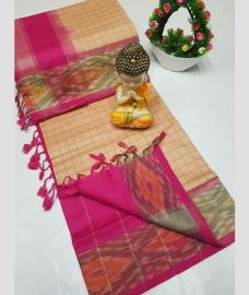 Cream and Pink tripura silk sarees with Pochampally Border design