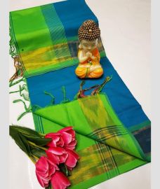 Blue and Parrot Green tripura silk sarees with Pochampally Border design