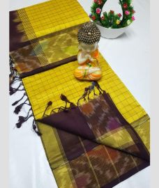 Yellow and Chocolate tripura silk sarees with All over Checks design