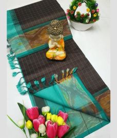 Chocolate and Blue Turquoise tripura silk sarees with All over Checks design