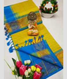 Yellow and Blue tripura silk sarees with All over Checks design