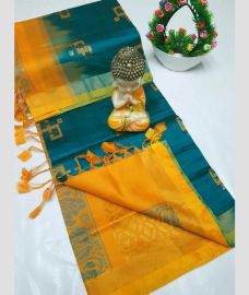 orange and blue colour tripura silk sarees with All over Buttas design