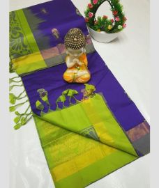 violet and olive green colour tripura silk sarees with All over Buttas design