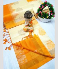 ice cream and yellow colour tripura silk sarees with All over Buttas design