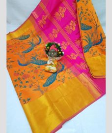 orange and purple colour tripura silk sarees with Pochampally Border design