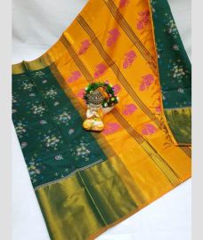 olive and teal colour tripura silk sarees with Pochampally Border design