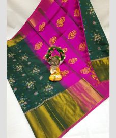teal and purple colour tripura silk sarees with Pochampally Border design
