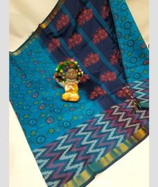 cyan blue colour tripura silk sarees with Pochampally Border design