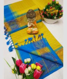 blue and yellow colour tripura silk sarees with Pochampally Border design