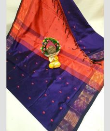 coral and blue colour tripura silk sarees with all over nakshatra buttas design