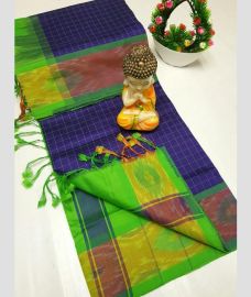 blue and green colour tripura silk sarees with Pochampally Border design