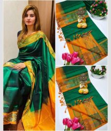 green colour tripura silk sarees with Pochampally Border design