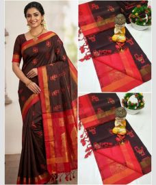 coffee colour tripura silk sarees with All over Buttas design