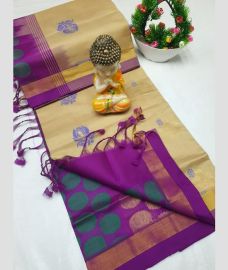 cream and purple colour tripura silk sarees with All over Buttas design