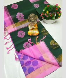 green and pink colour tripura silk sarees with All over Buttas design