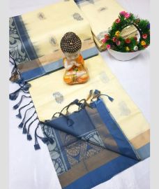 cream and blue colour tripura silk sarees with All over Buttas design