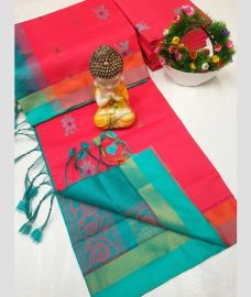 blue and magenta red colour tripura silk sarees with All over Buttas design