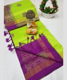 green and purple colour tripura silk sarees with All over Buttas design