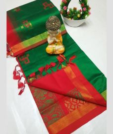 green and red colour tripura silk sarees with All over Buttas design