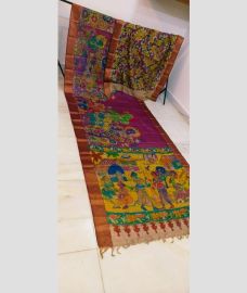 Magenta and Yellow tussar sarees with All over Hand Paint Pen Kalamkari design