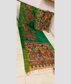 Green and Cream tussar sarees with All over Hand Paint Pen Kalamkari design