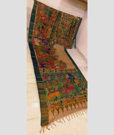 Cream and Dark Teal tussar sarees with All over Hand Paint Pen Kalamkari design