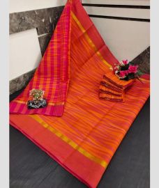 orange colour uppada cotton sarees with All over Ikkat design