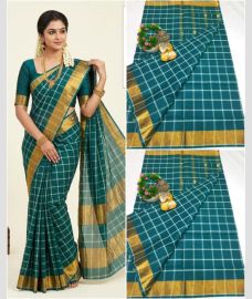 blue colour uppada cotton sarees with All over Checks design