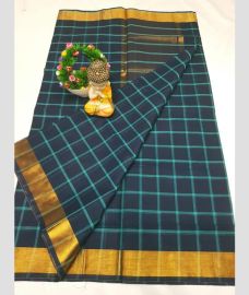 peacock blue colour uppada cotton sarees with All over Checks design
