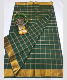 dark green colour uppada cotton sarees with All over Checks design