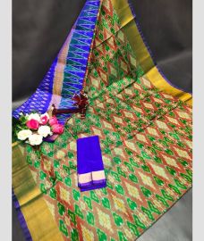 light green colour uppada pattu sarees with All over Pochampally design