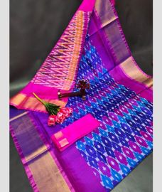 purple and blue colour uppada pattu sarees with All over Pochampally design