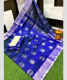 navy blue and silver colour uppada pattu sarees with All over Buttas design