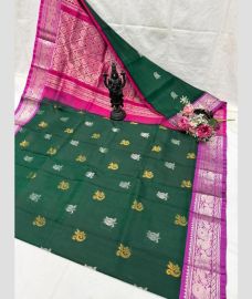 green and silver colour uppada pattu sarees with Kanchi Border design