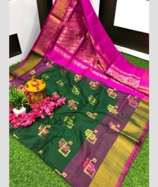 green and purple colour uppada pattu sarees with All over Meenakari Buttas design