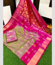 gray and brown colour uppada pattu sarees with All over Meenakari Buttas design