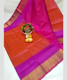 orange and magenta red colour uppada pattu sarees with Plain design
