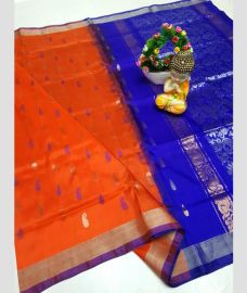 orange and navy blue colour uppada pattu sarees with All over Nakshtra Buttas design