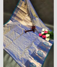Silk Blue Raw Mango  uppada soft silk sarees with All over Buttas design
