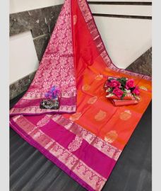 orange and silver colour uppada soft silk sarees with All over Buttas design