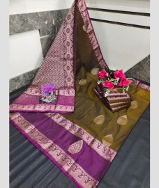 olive and silver colour uppada soft silk sarees with All over Buttas design