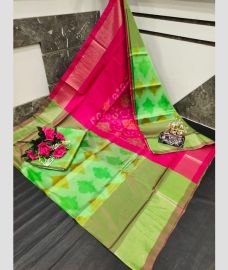magenta and light green colour uppada soft silk sarees with All over Pochampally Ikkat design