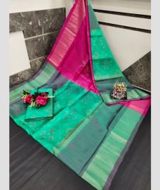 cyan and magenta colour uppada soft silk sarees with All over Pochampally Ikkat design