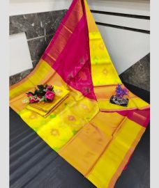 yellow and burgundy colour uppada soft silk sarees with All over Pochampally Ikkat design