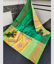 green and pink colour uppada soft silk sarees with All over Pochampally Ikkat design